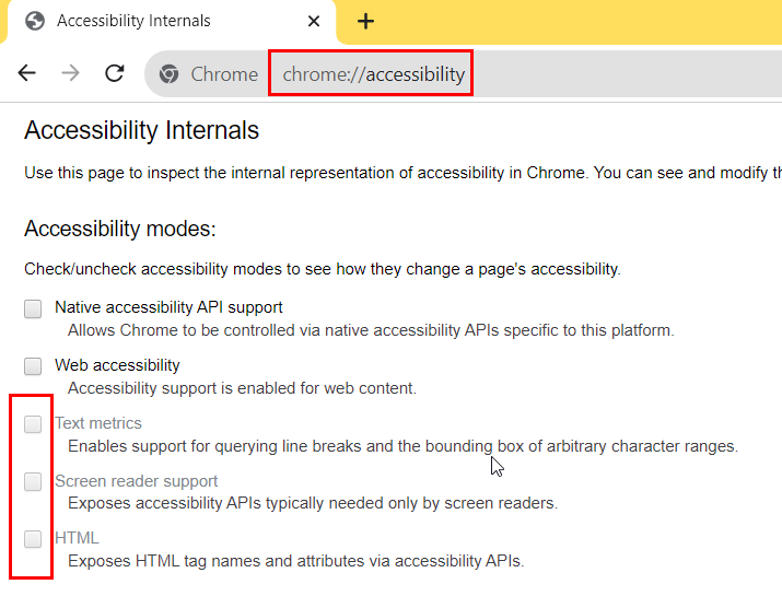 Open chrome://accessibility, and then disable Text metrics, Screen reader support and HTML